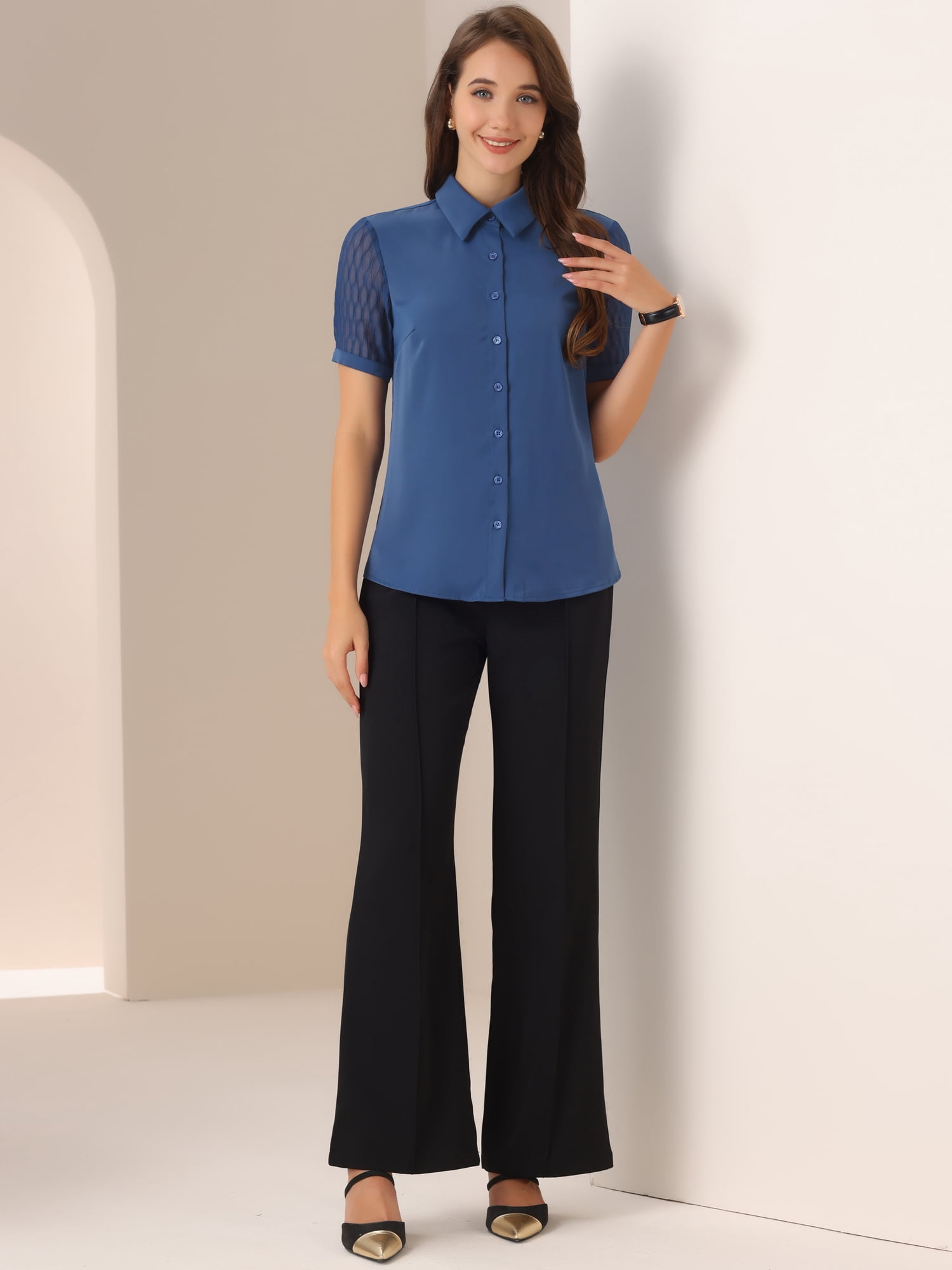DARING DIVA Women's Button Down Sheer Short Sleeve Point Collar Work Shirt  S Dark Blue