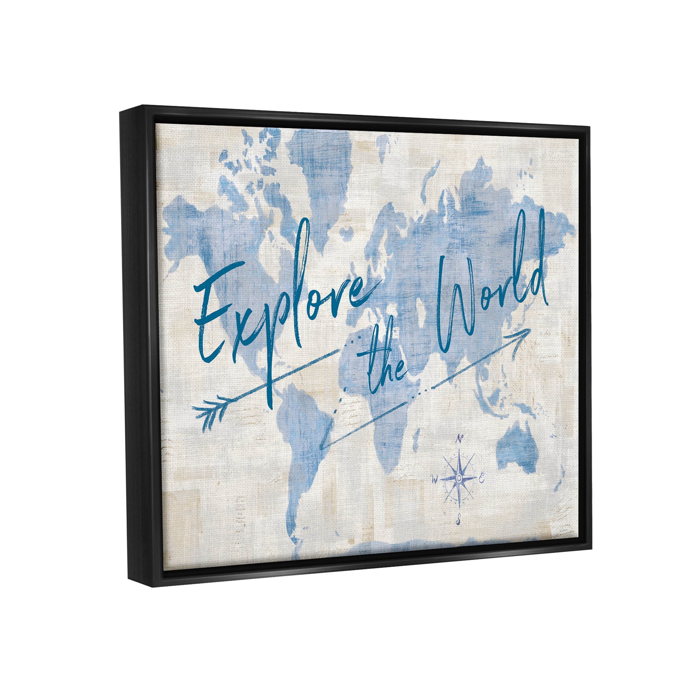 Stupell Industries Explore The World Motivational Map Graphic Art Jet Black Floating Framed Canvas Print Wall Art, Design by Sue Schlabach