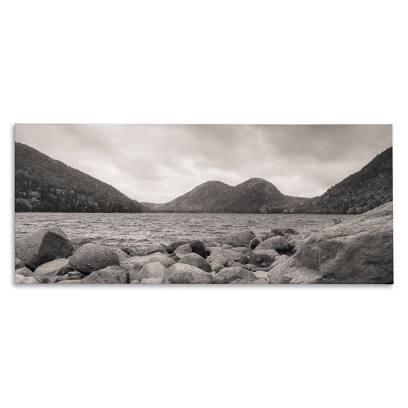 Stupell Industries Farmhouse Rocky Mountain Shoreline Lake Water Black White Photography Canvas Art, 24 x 10, by Daniel Sproul