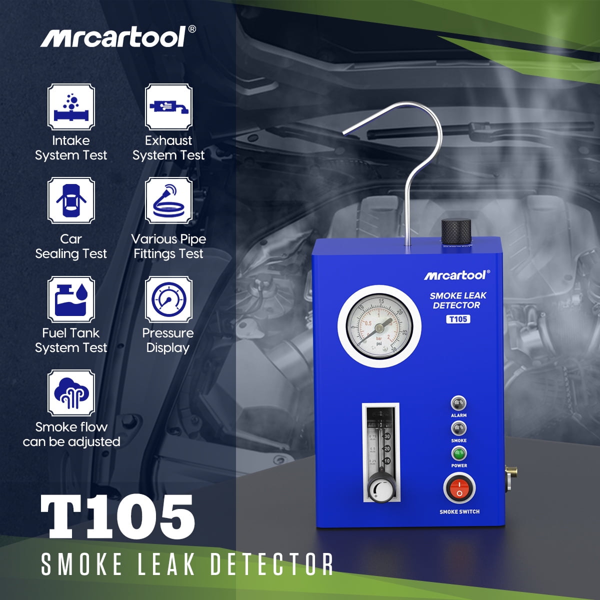 MRCARTOOL T105 Automotive Smoke Machine Leak Detector, Smoke Tester, Vacuum Diagnostic Detector Tool, Built-in Air Pump