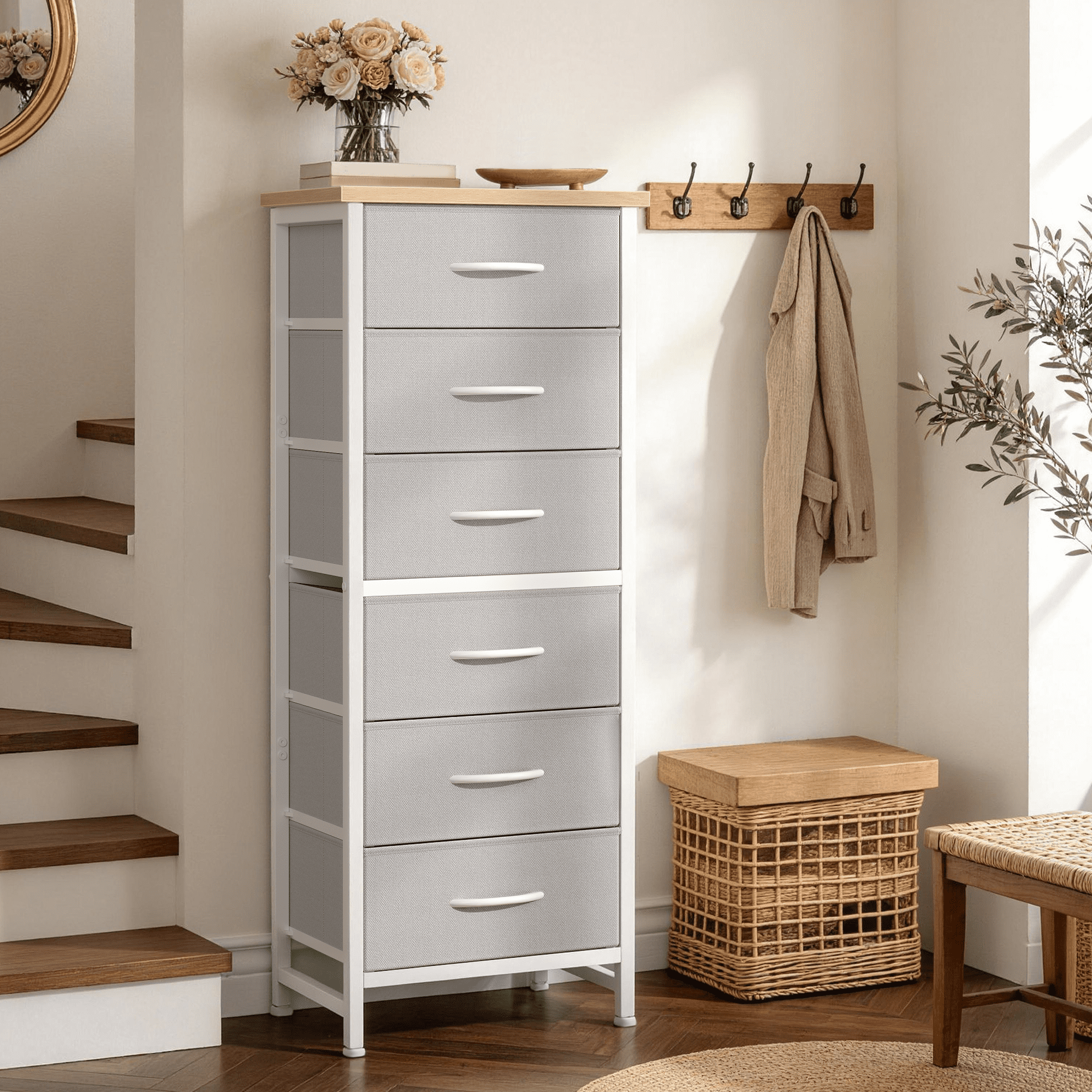 CONCETTA Tall Storage Dresser with 6 Fabric Drawers, Metal Frame with Cross Support Rods, Anti-Tip, Wood Top for Bedrooms, Offices and Compact Spaces, Light Gray
