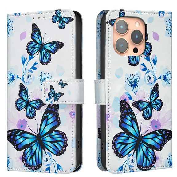 Wallet Case Compatible with iPhone 12 Pro Max with Card Holder, Convertible Stand Flowers Case Magnetic for Women and Girls, Butterfly Floral Protective PU Leather Flip Case, Blue Butterflies