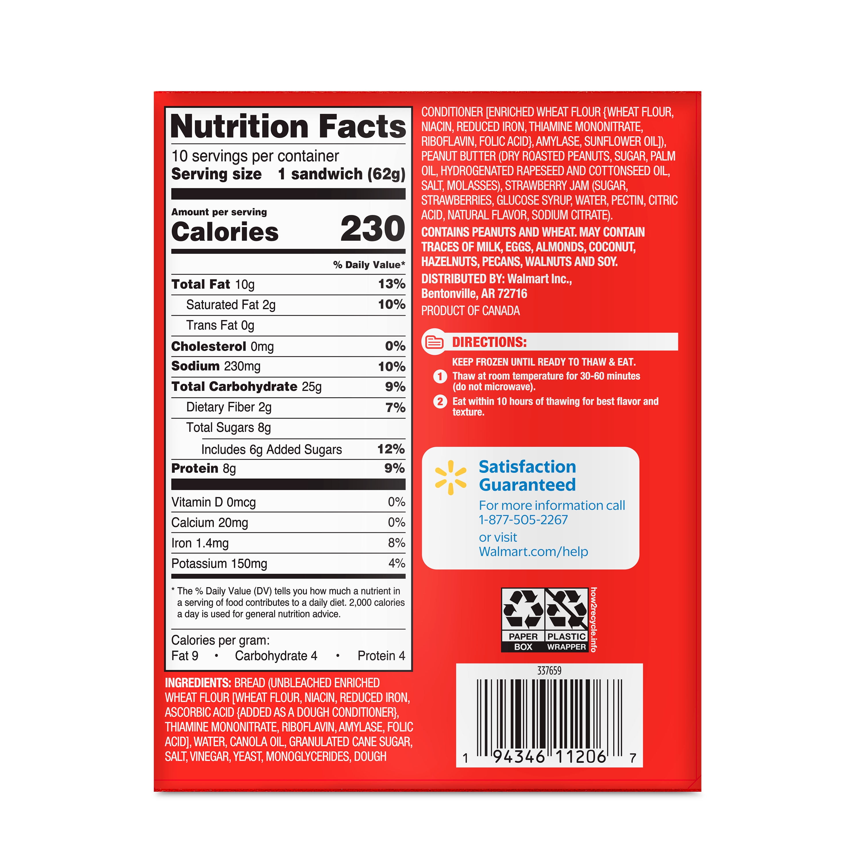 Great Value Frozen Peanut Butter and Strawberry Jam No Crust Sandwiches, 22 oz, 10 Count