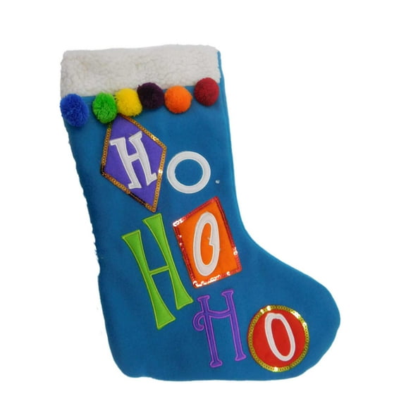 Embellished Blue Felt Ho Ho Ho Pom Pom Christmas Holiday Stocking