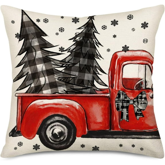 Red and Black Buffalo Plaid Truck Christmas Tree Pillow Covers 20x20 Inch Seasonal Winter Snowflake Holiday Farmhouse Linen Cushion Case Christmas Decoration for Sofa Couch
