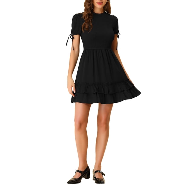 INSPIRE CHIC Vestido Mini A-Line de Verano con Volantes Texturizados para Mujeres Negro M