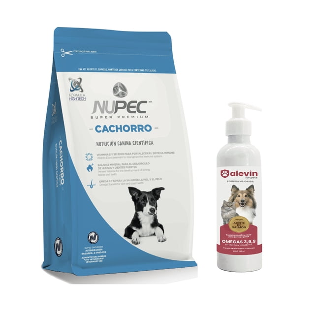 kit nupec cachorro 15 kg con aceite salmón alevin 240 ml — Bolsa frontal azul y blanca NUPEC Cachorro 15 kg con logo y foto de cachorro sentado; frasco blanco con dosificador de Aceite Salmón Alevin 240 ml etiquetado "Omegas 3,6,9"; adecuado para nutrición canina y desarrollo del cachorro.