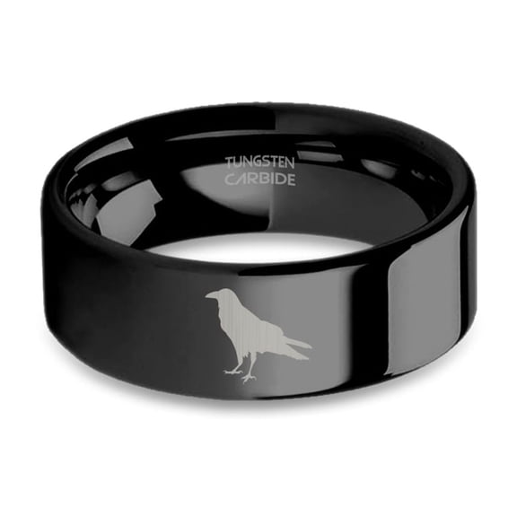 Crow Jackdaw Engraving Black Polished Tungsten Carbide Ring, 8mm, Size 15