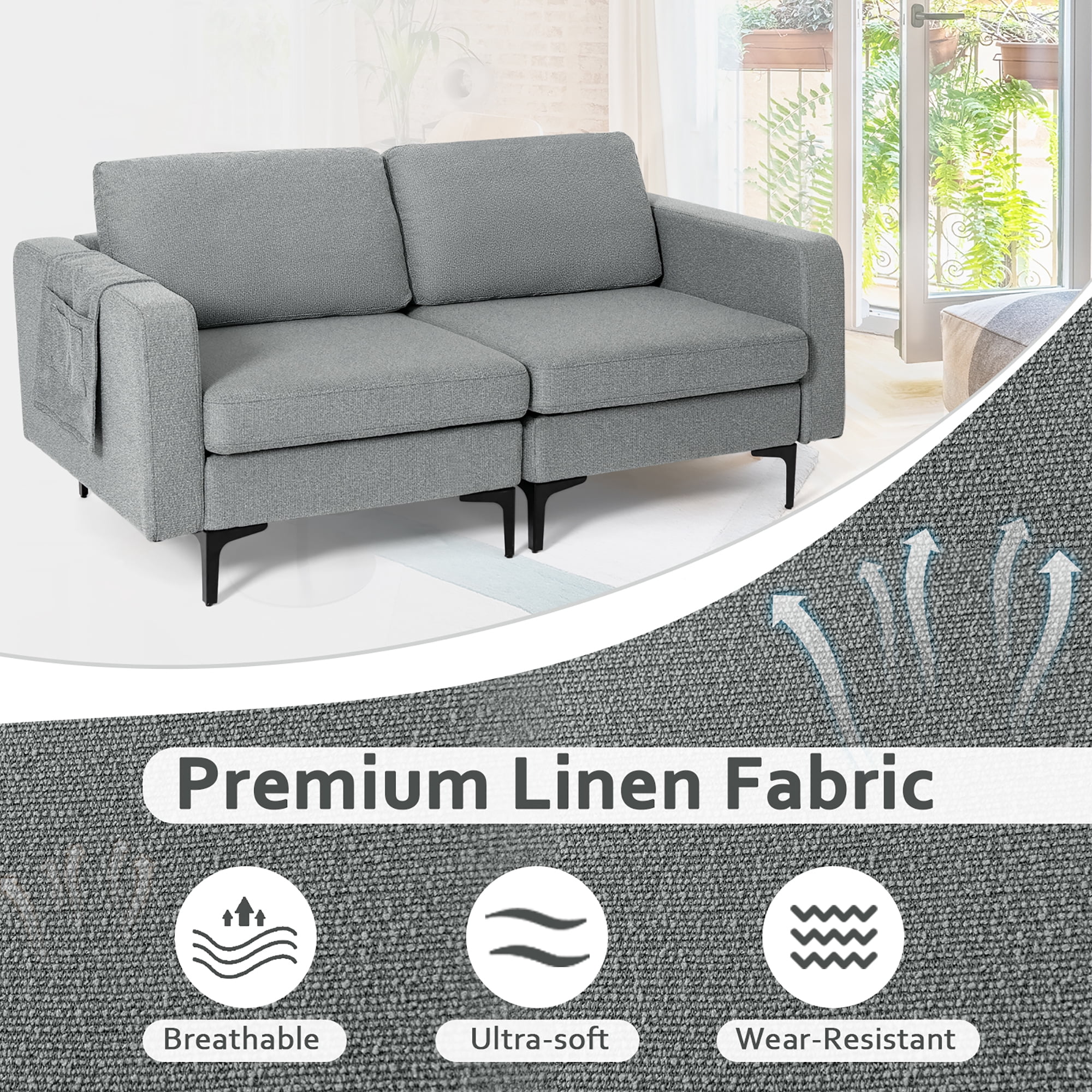 Costway Modern Loveseat Linen Fabric 2-Seat Sofa Couch w/ Side Storage Pocket Dark Grey