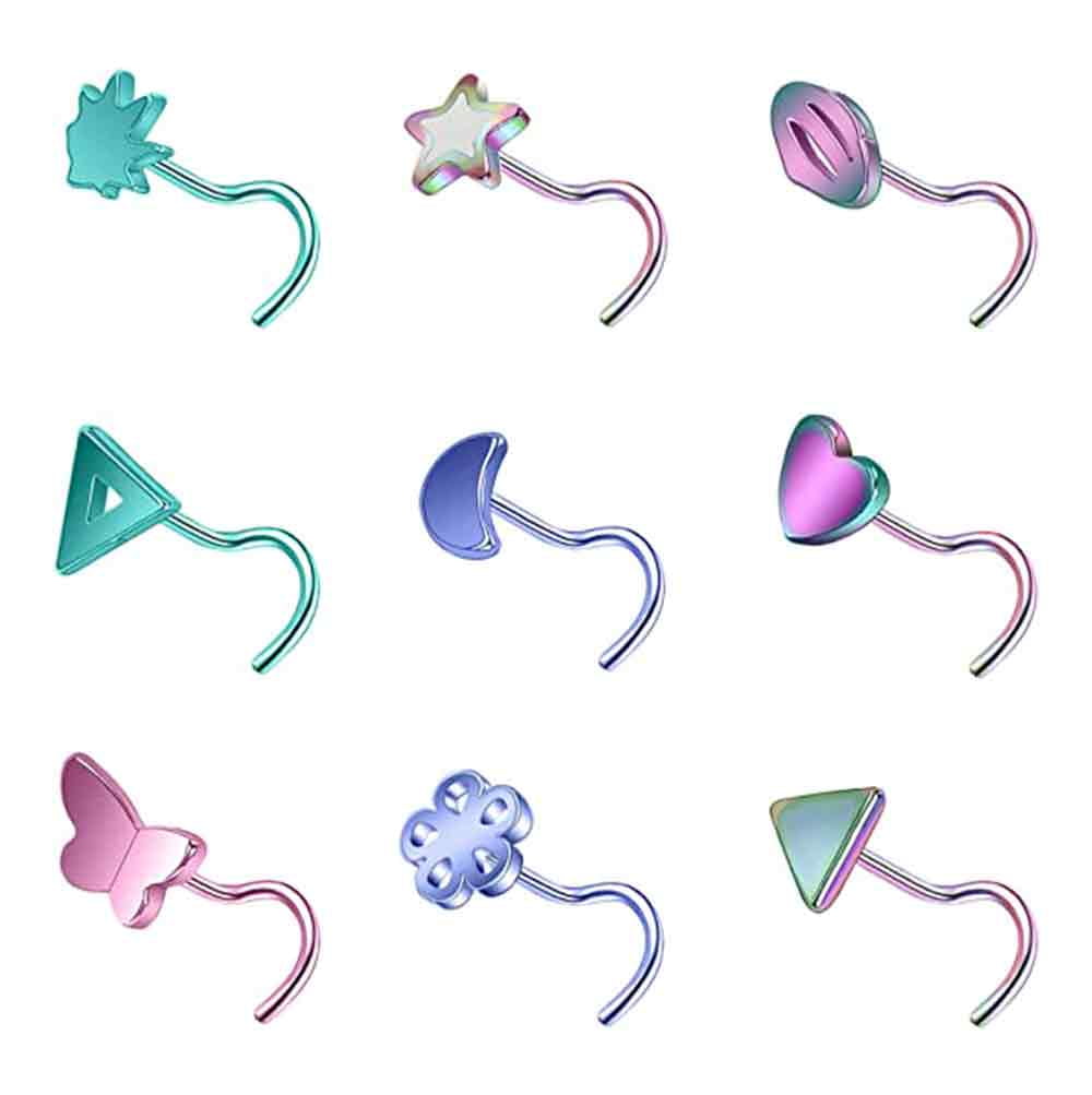 ZS 9PCS 20G Corkscrew Nose Rings Heart Star Nose Piercing Cute Nose Stud