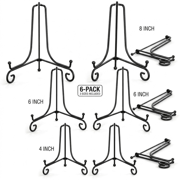 6PCS 3 Size Black Iron Plate Stands for Display - 4, 6, 8 Inch Decorative Metal Plate Holders
