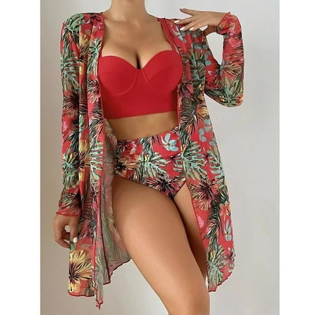 

Aufmer Clearance Two Piece Swimsuits for Women Female Sports with Chest Pad with Steel Bra Print Deep V Swimming Trunks Split Swimsuit Bikini Three Piece