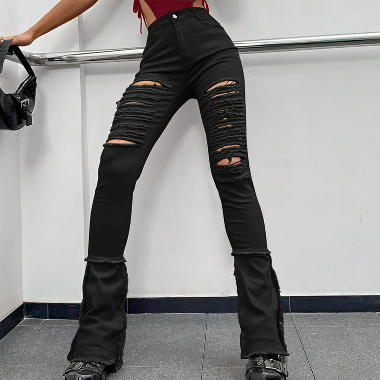 RYRJJ Women Skinny Bell Bottom Jeans Button High Waist Ripped Flared Jean  Destroyed Raw Hem Flare Denim Pants(Red,XS) 