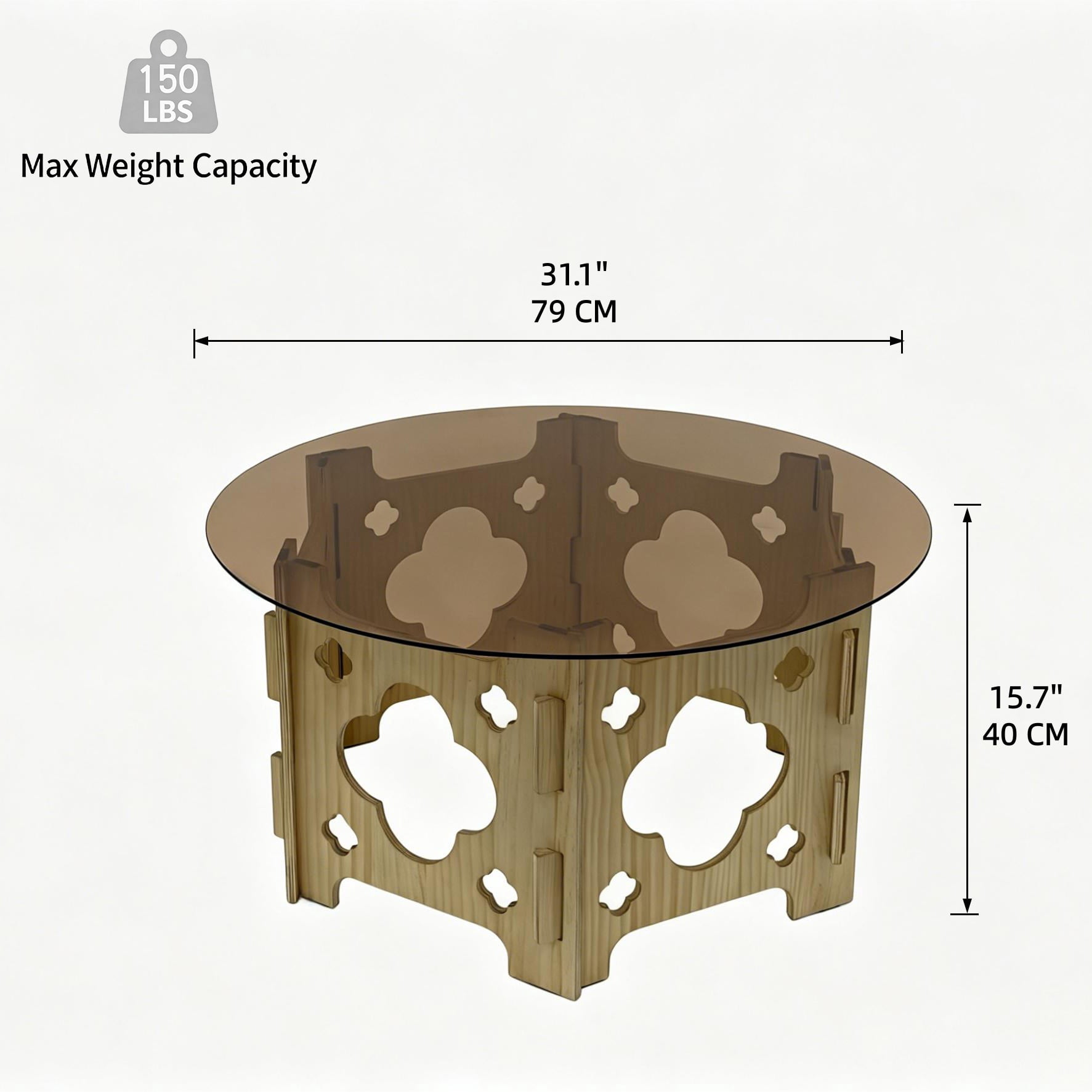 31.1-Inch Round Tempered Glass Coffee Table with Floral Hollow Wood Base, Farmhouse Center Tea Table for Living Room, Natural and Caramel