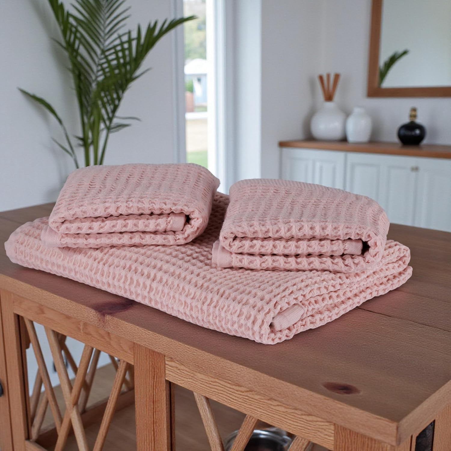 DEMMEX Organic Cotton Waffle Turkish Bath Towel, 60x30 in – 100% Oeko-TEX Certified Ultra Soft Premium Turkish Cotton - Lightweight Quick Dry Waffle Weave Turkish Towel (Blush Pink)