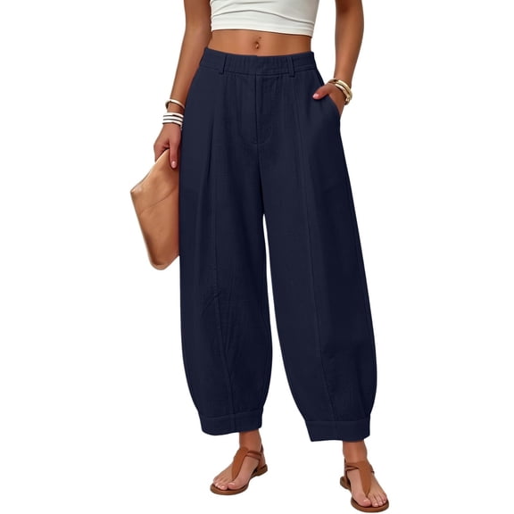 Linen Barrel Pants Women Cotton Palazzo High Waisted Balloon Pants Summer Casual Beach Boho Wide Leg Baggy Trousers Navy XL
