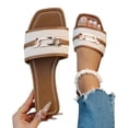 thumbnail image 4 of Brown Women S Flat Sandals Square Toe Open Toe Metal Buckle Pu Solid Color Casual Shoes Brown Size 6, 4 of 9