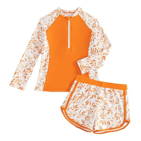 Huachaog Girls Swimsuits 2 Piece Long Sleeve Floral Print Patchwork Zipper Tops and Shorts Swimming Set L