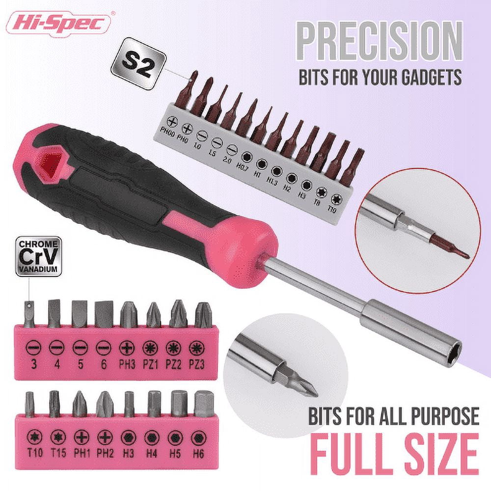 Hi-Spec 42pc Pink Household DIY Tool Set for Home, Office, College Dorm - Starter Basic Ladies Tools