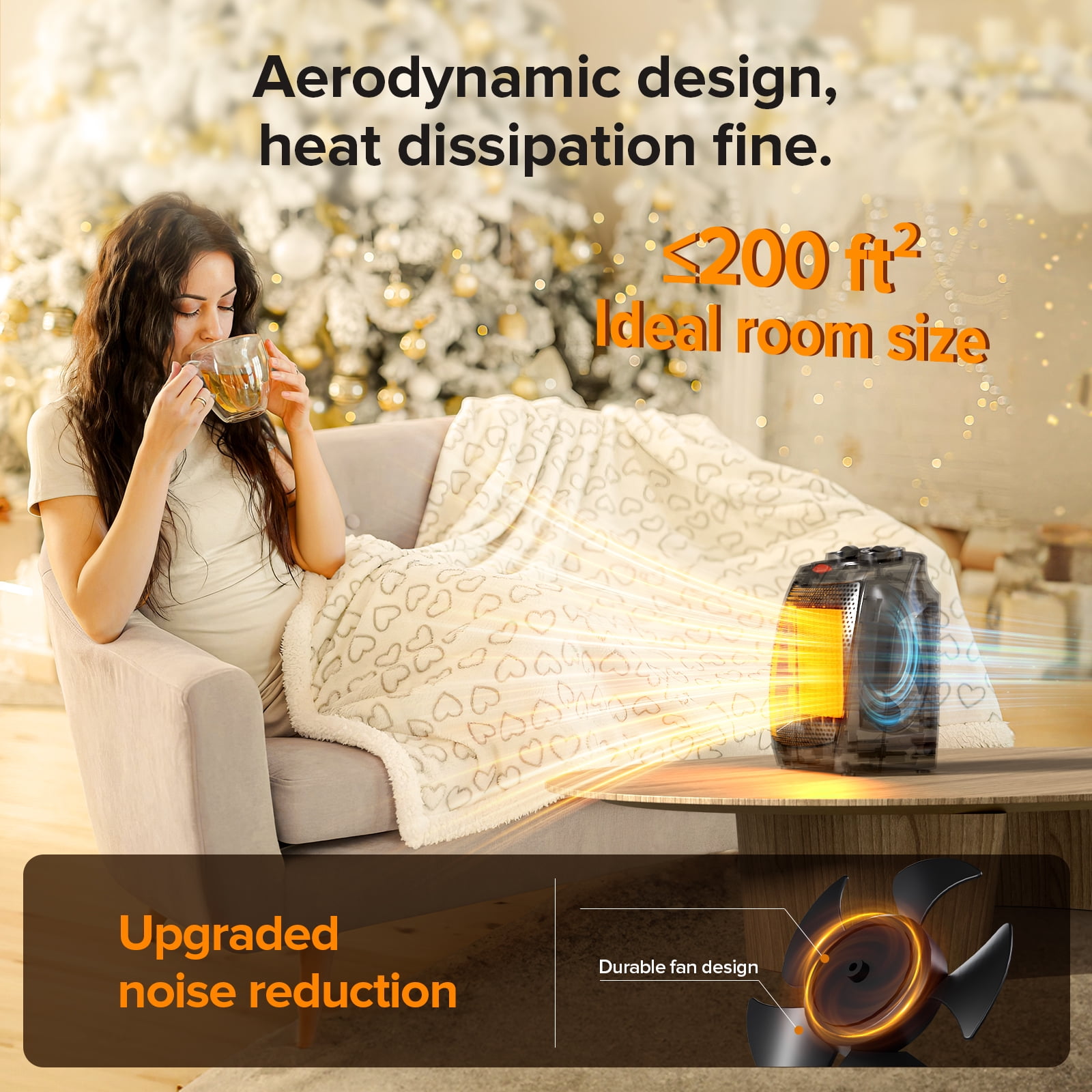 KISSAIR 750W/1500W Space Heater - ETL Certified, Silent Heating, V-0 Flame Retardant, Ceramic, Portable for Home & Christmas (Black)