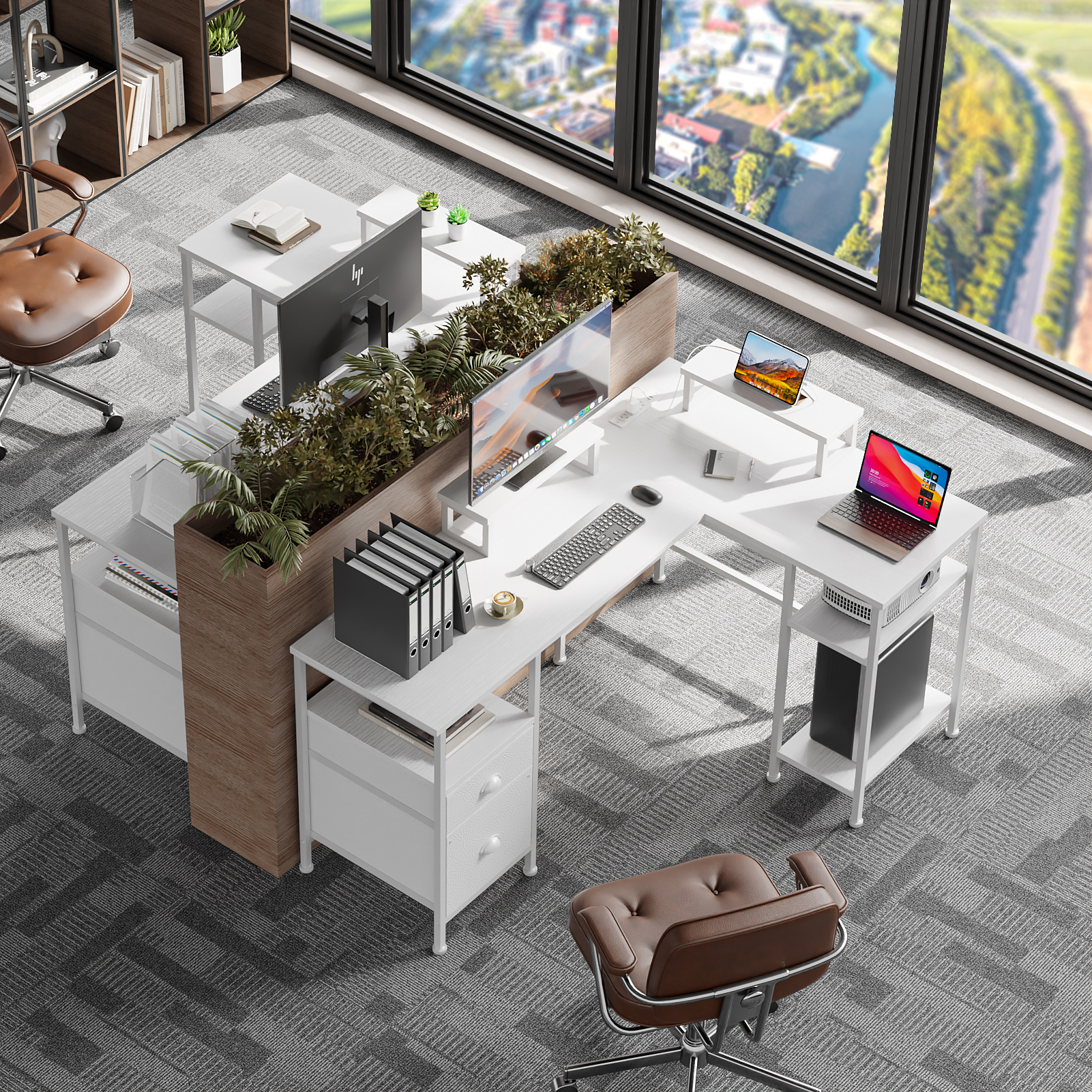 Satifur 59-Inch L-Shaped Computer Desk with Power Outlets, White photo 7