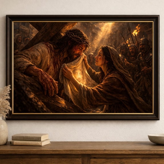 Saint Veronica Wipes the Face of Jesus Canvas Print, Via Dolorosa Christian Wall Art, Passion of Christ Painting, Catholic Sacred Art Framed