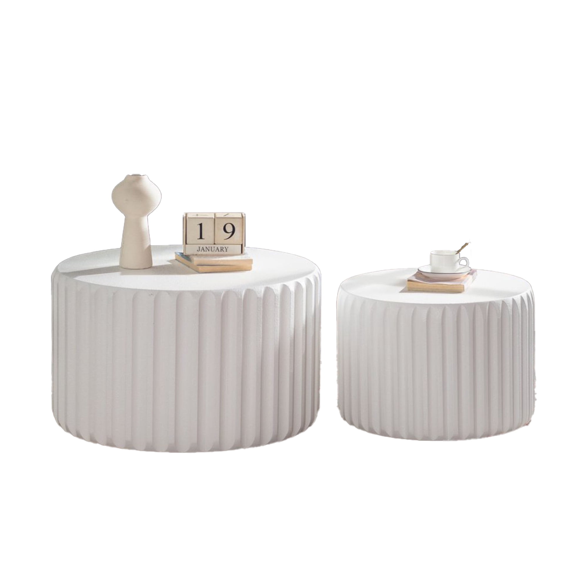 Leumius White Scalloped Round Coffee Table Set Nesting Design, Elegant Curved-Edge Shape for Small Space Living Room Bedroom
