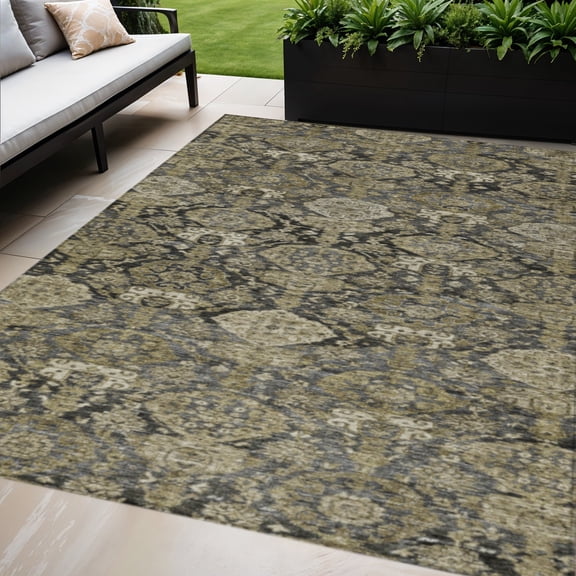 HomeRoots 603380 8 x 10 ft. Charcoal & Beige Damask Washable Indoor & Outdoor Rectangle Area Rug