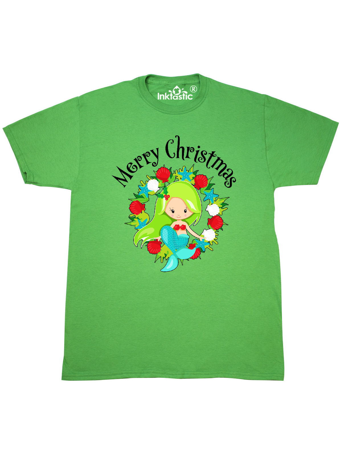 inktastic Merry Christmas Mermaid with Green Hair in Seashell Baby T-Shirt
