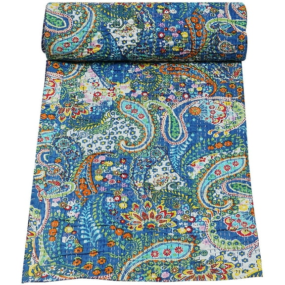 Indian Handmade Pure Cotton Paisley Printed Kantha Quilt ,Bedspread,Bed CoverThrow Blanket Twin Size 60" x 90" (Blue)