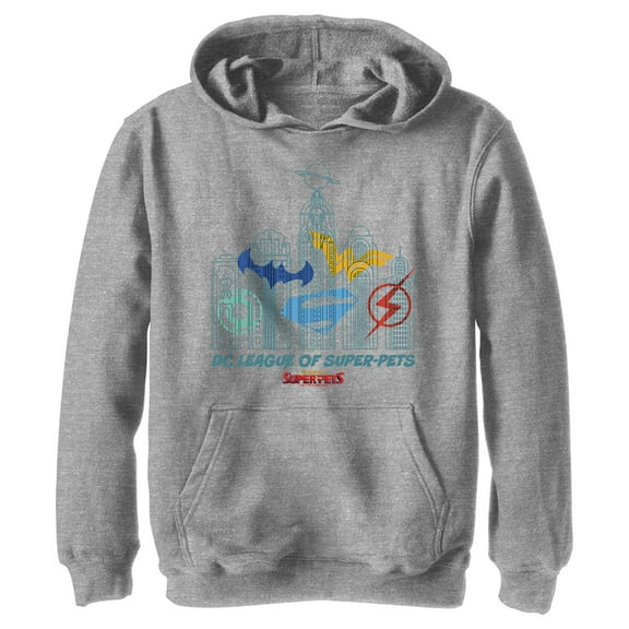Boy's DC League of Super-Pets Metropolis Skyline Outline  Pull Over Hoodie Athletic Heather X Large
