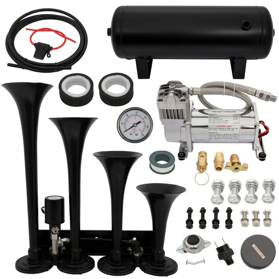 Air Horn Kit(Air tank,air compressor)12V 105db, Electric Trains Horns 4Trumpet Air Horn(black),1.5Gal Air Tank(balck),150PSI Air Compressor(silver) , 4 Trumpet Train Horn for Any 12V Vehicles