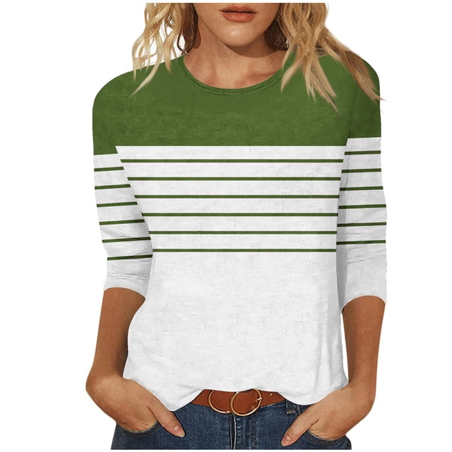 VSSSJ Hauts pour Femmes à Manches 3/4 à Blocs de Couleur Rayés Imprimés Col Rond Été Respirants Confortables Coupe Décontractée Tunique T-Shirt Vert P