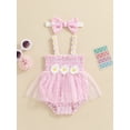 thumbnail image 5 of Aojekbee Baby Girl Summer Outfit, Plaid Daisy Embroidery Sleeveless Shirred Mesh Romper Dress Bow Headband Toddler Set, 5 of 10