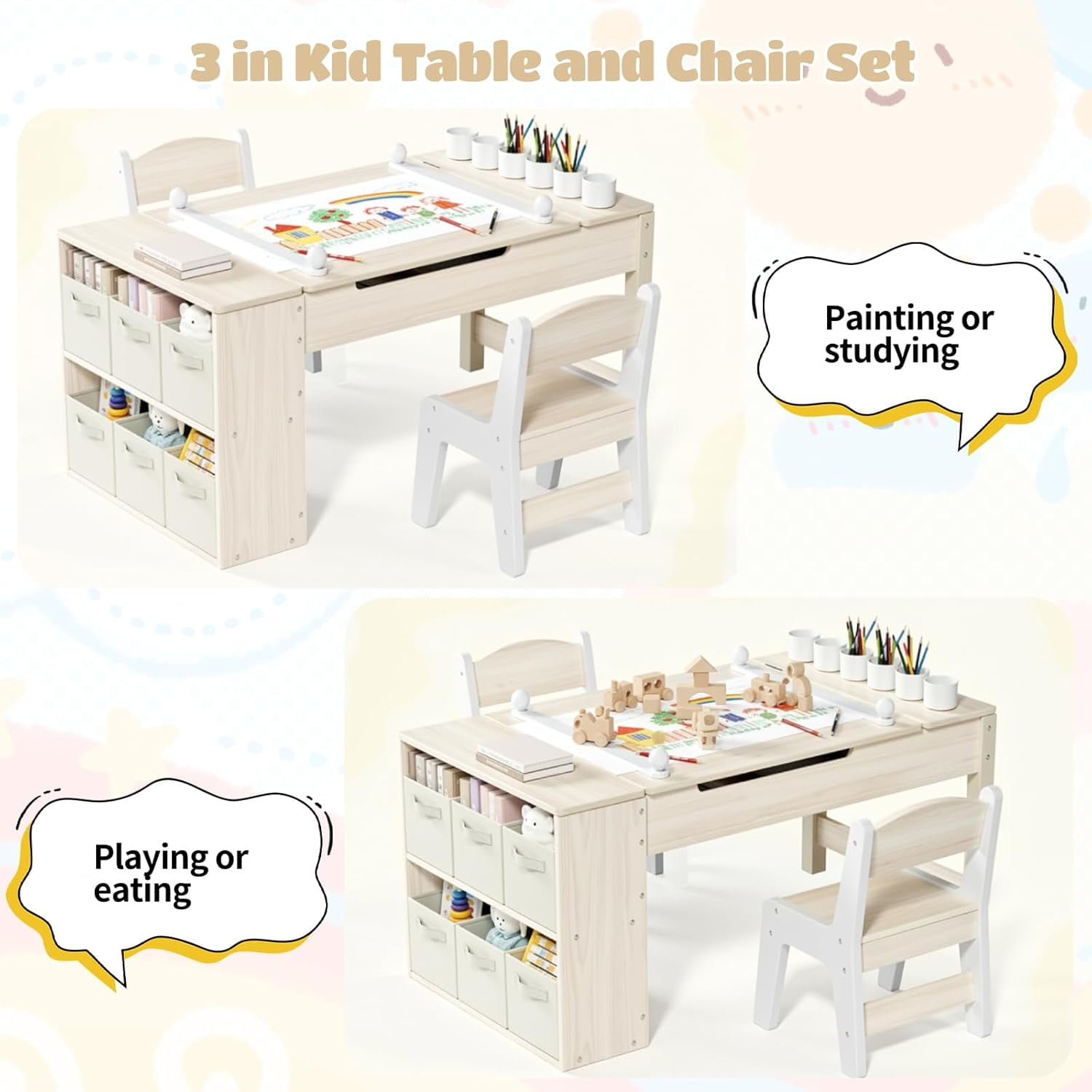 TLSUNNY Kids Art Table and 2 Chairs Set, Toddler Activity Desk with Storage Bins, Paper Roll, Paint Cups, Wooden Craft Table and Chairs Set for Boys & Girls