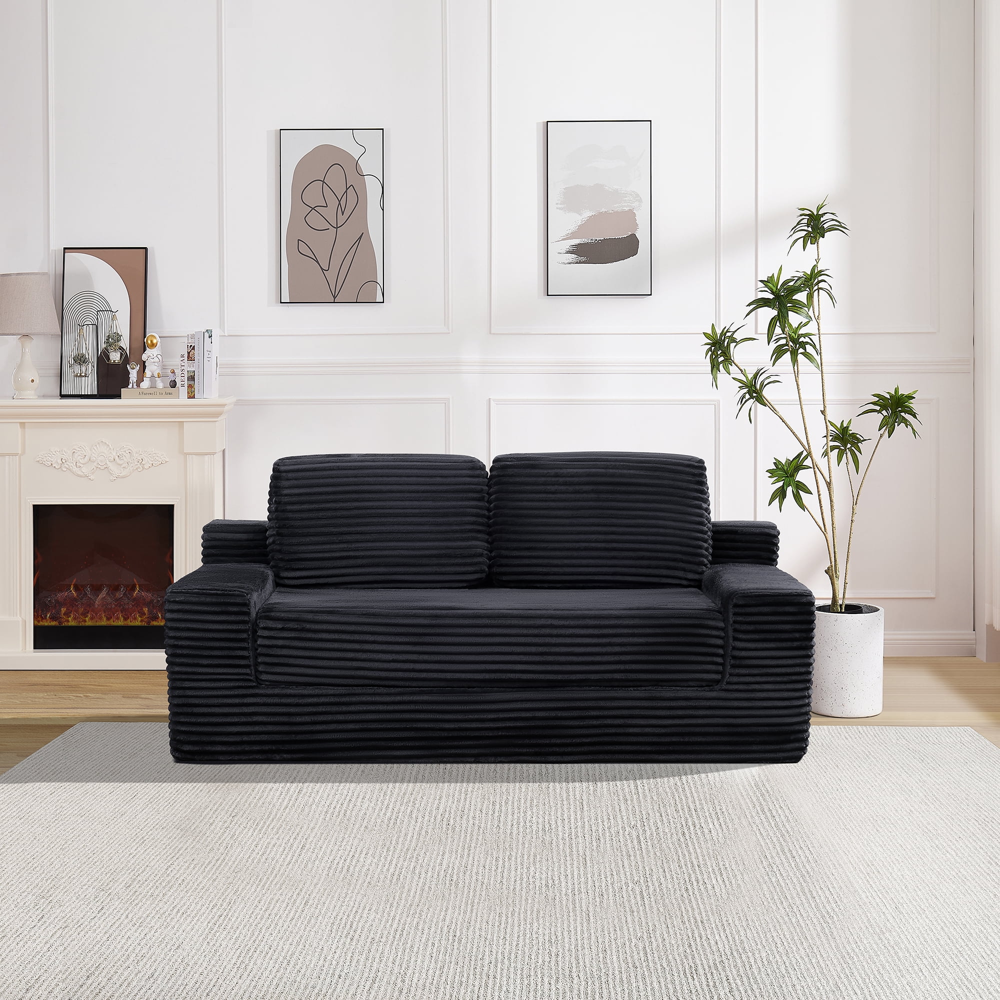 Corduroy Cloud Double Sofa, 2-in-1 Convertible Sofa Bed, Comfortable Boneless Double Sofa, Suitable for Living Room, Apartment, Small Space Black
