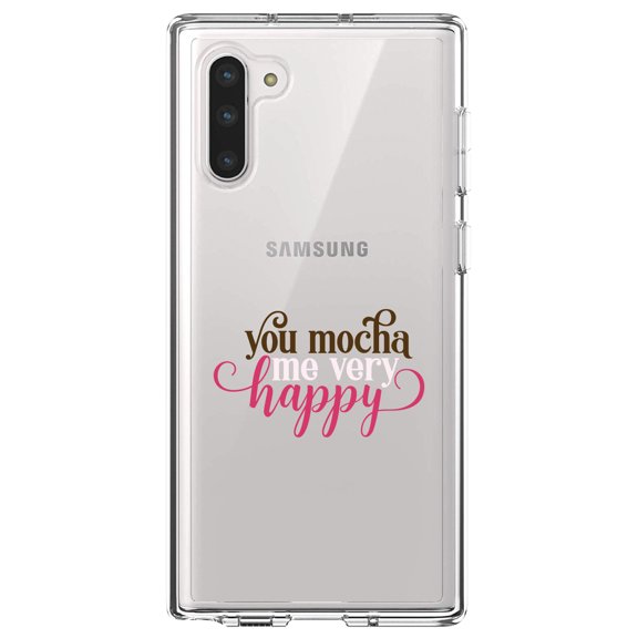 DistinctInk Clear Shockproof Hybrid Case for Samsung Galaxy Note 10 (6.3" Screen) - TPU Bumper Acrylic Back Tempered Glass Screen Protector - You Mocha Me Very Happy
