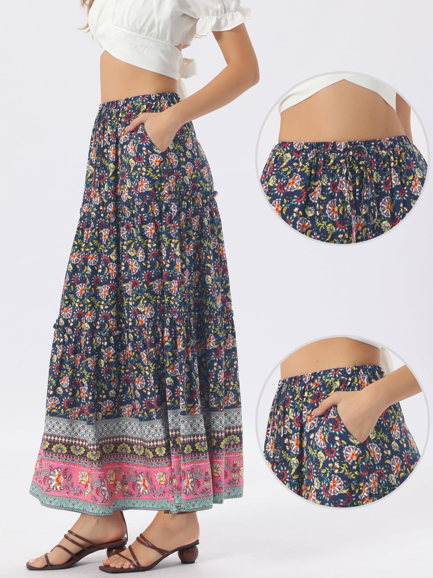 DARING DIVA Women's Floral Ruffle A Line Tiered Maxi Skirts Medium Dark Blue