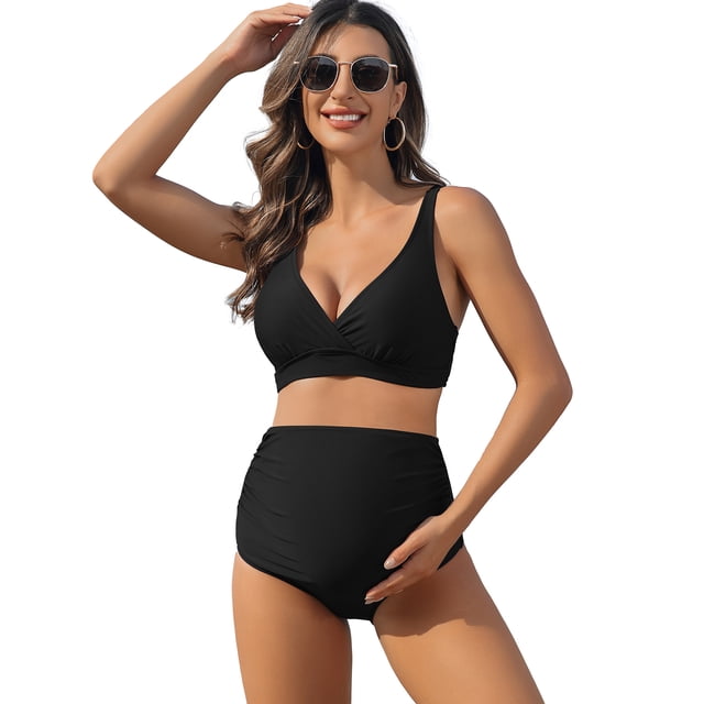 Beautyin Solid Color High Waisted Maternity Swimsuit Shoulder Straps Bikini Set Deep V Neck Pregnancy Bathing Suits Push Up Two Piece Swimwear
