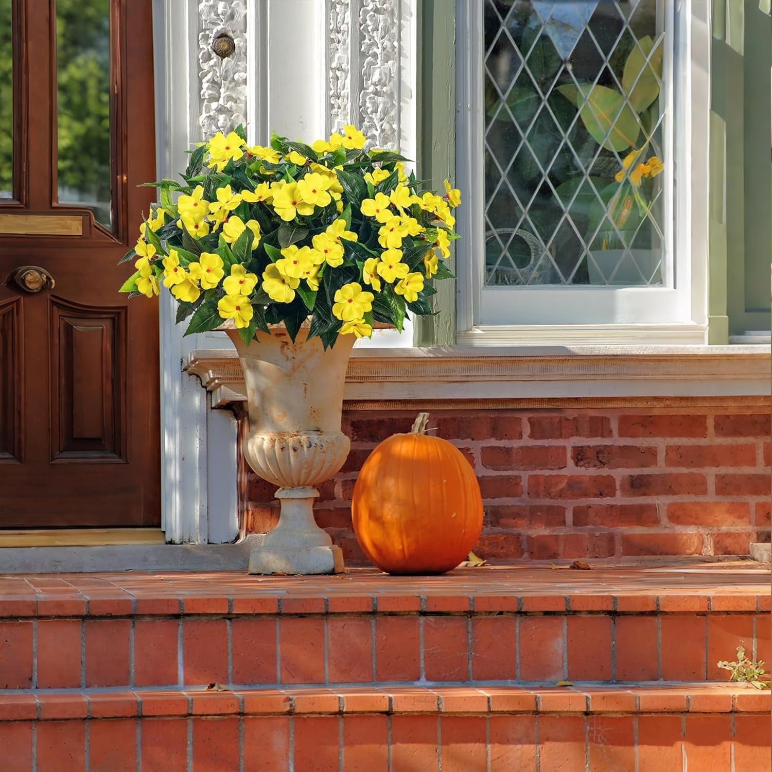 Artificial Impatiens Flowers 4 Pcs 7 Branches Faux Impatiens Bushes Silk Impatiens Bouquet Faux Flower Outdoor UV Resistant Fake Plants for Patio Lawn Garden Pot Hanging Basket Porch Decor,Yellow