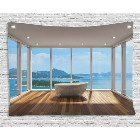 Bathroom Wall Hangings Bathroom Decor Tapestry, Minimalist Design Bathtub with Relaxing Scenery of Islands, Wall Hanging for Bedroom Living Room Dorm Decor, 60W X 40L Inches, White Light Brown and Blue, by Ambesonne ()