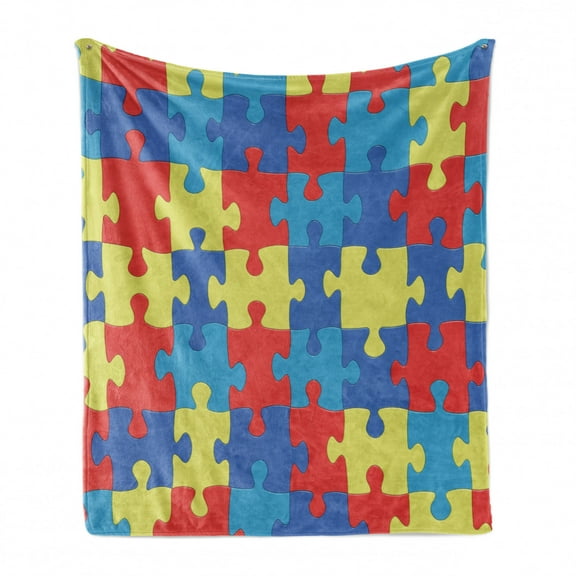 Autism Awareness Soft Flannel Fleece Throw Blanket, Repetitive Layout of Colorful Puzzle Pieces Colorful Design Print, Cozy Plush for Indoor and Outdoor Use, 50" x 70", Multicolor, by Ambesonne