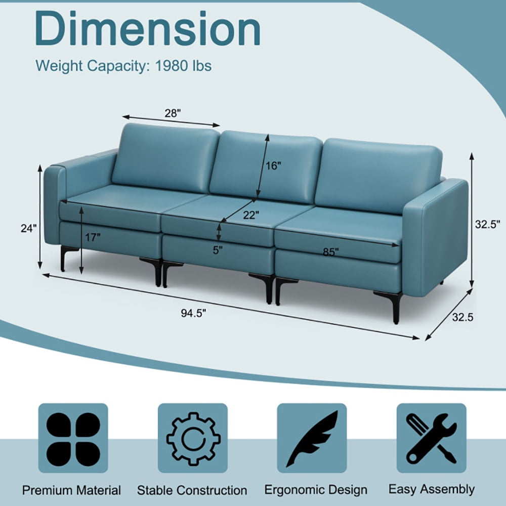 Finihen Sectional Sofa Couch, 3-Seat Sectional Sofa Couch with Armrest Magazine Pocket and Metal Leg, for Living Room, Bedroom, Blue