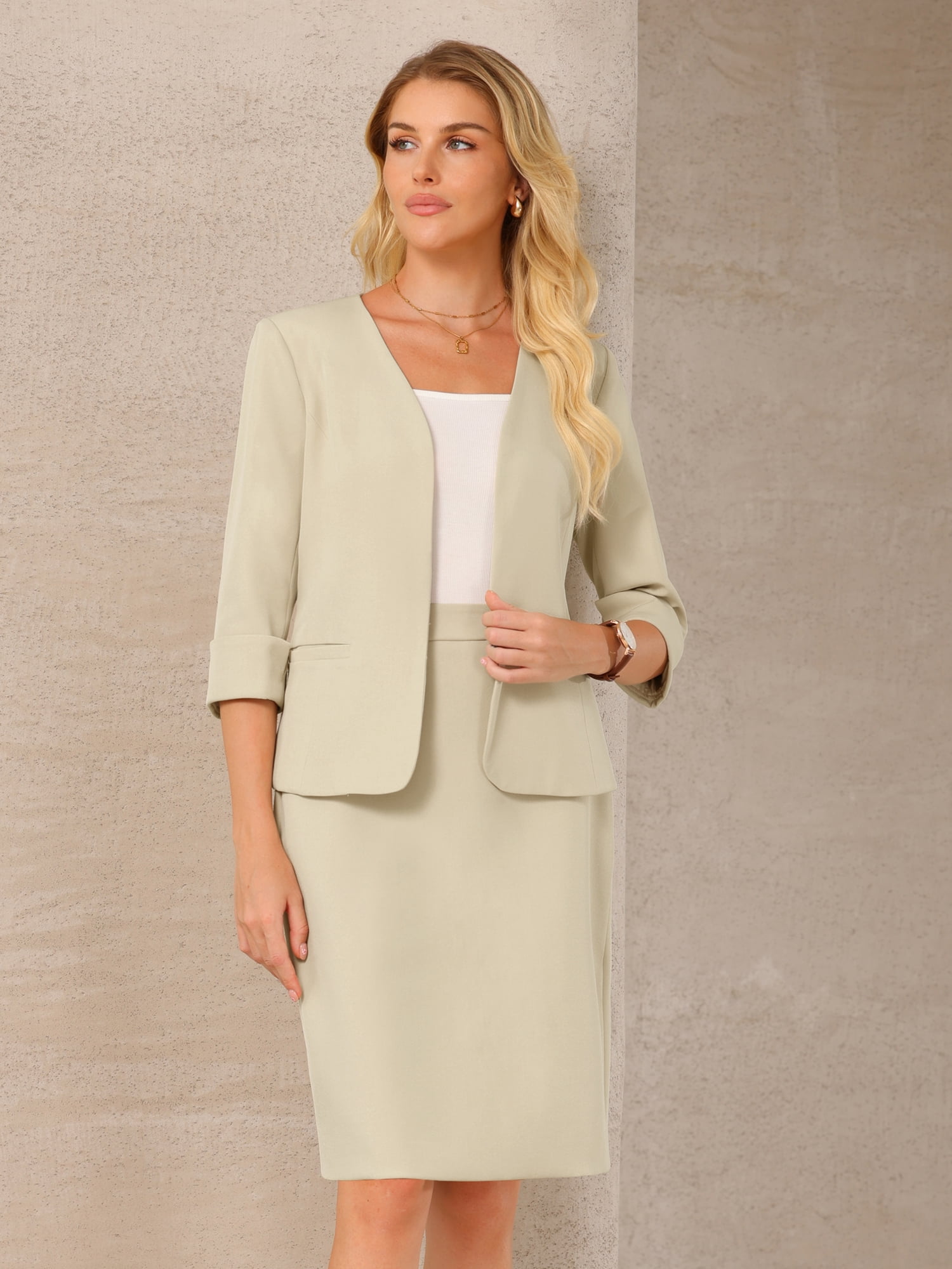 DARING DIVA Women's 2 Pieces Blazer and Skirt Work Business Outfits XL Beige