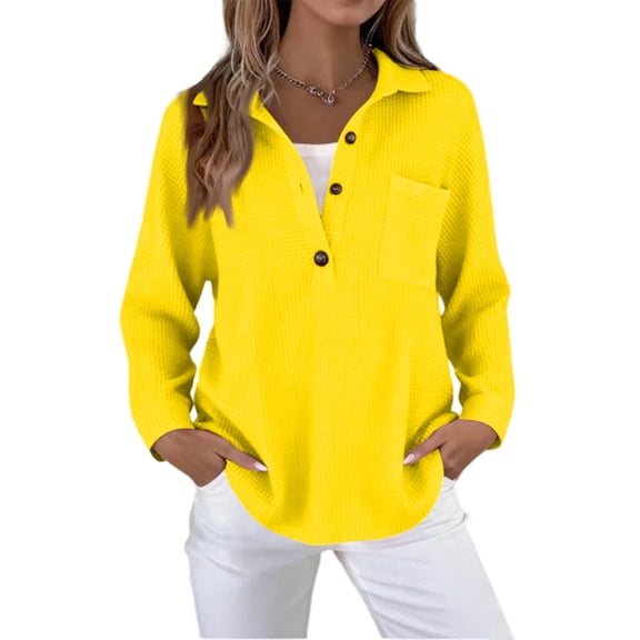 Button Down Shirts for Women Loose Fit Long Sleeve Polo Shirts Lightweight Waffle Knit Tops with Pocket Yellow 2XL