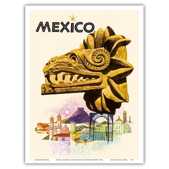 Mexico - Kukulkan Feathered Serpent - Mayan Snake Deity - Vintage Travel Poster by Howard Koslow c.1963 - Master Art Print (Unframed) 9in x 12in