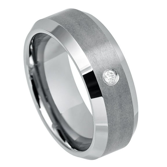 Custom Personalized Engraving Wedding Band Ring Set for Him & Her - 8mm Brushed Center, Shiny Beveled Edge