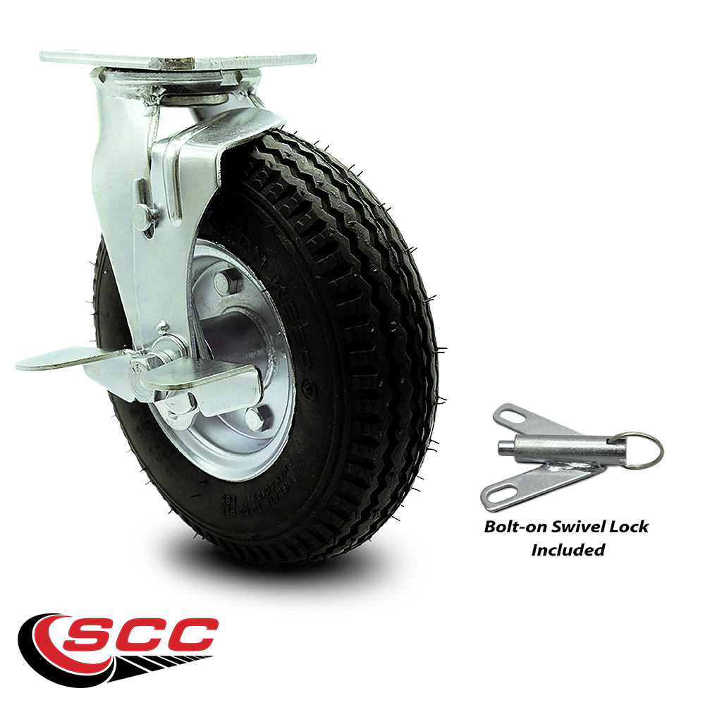 8" Pneumatic Swivel Caster with Brake and Bolt on Swivel Lock Black