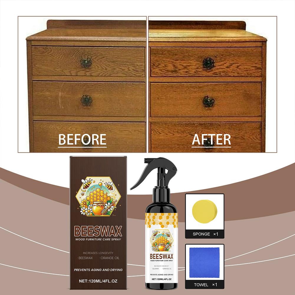 3pcs Beeswax Wood Furniture Polish Spray with Orange Oil, 120ml Cleaner Kit with Sponge & Towel, Wood Care for Tables Cabinets Living Room