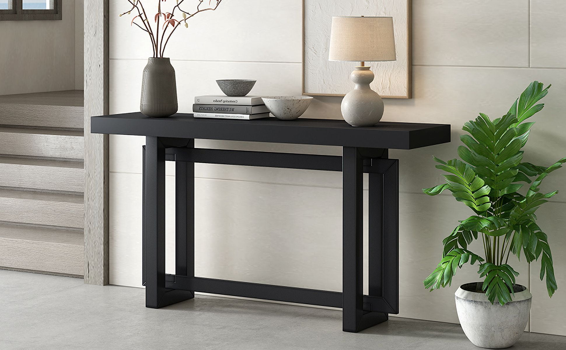 Noble House 59.1" Painted Entryway Table,Pine Veneer Triple Rectangle Design Console with Thick Pine Legs,Extra Long,Black